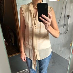 Veronique Branquinho Putty Silk Sleeveless Blouse with pleating & Ruffle collar